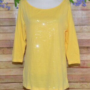 Ann Taylor LOFT Ladies Butter Yellow Sequin Blouse Top Size L Tunic Sparkle